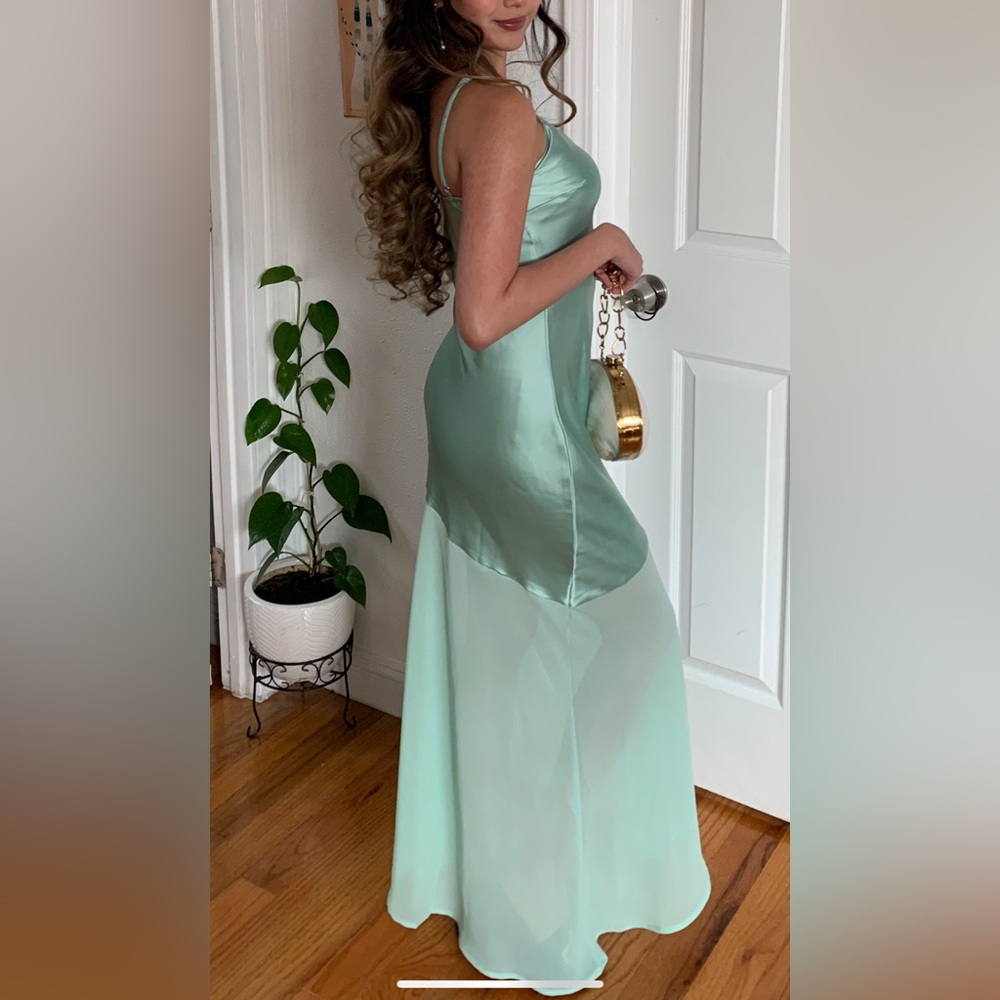 Green satin asymmetrical maxi dress